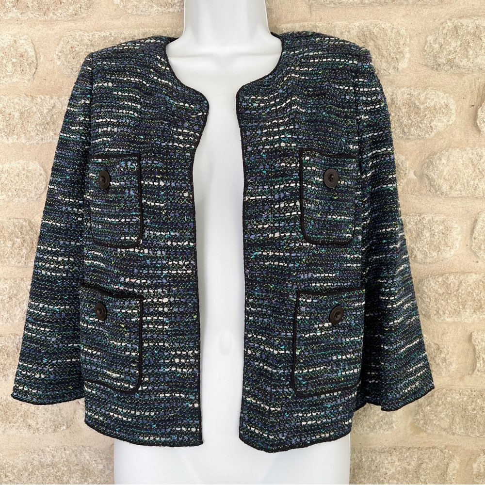 St John tweed jacket blazer 8 blue black  cropped 3/4 sleeve